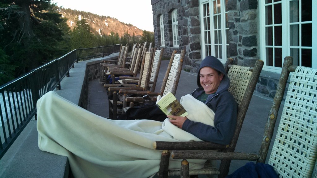 Reading Huck Finn on a cold day at Crater Lake. Now there's a guy who enjoyed travel companions.
